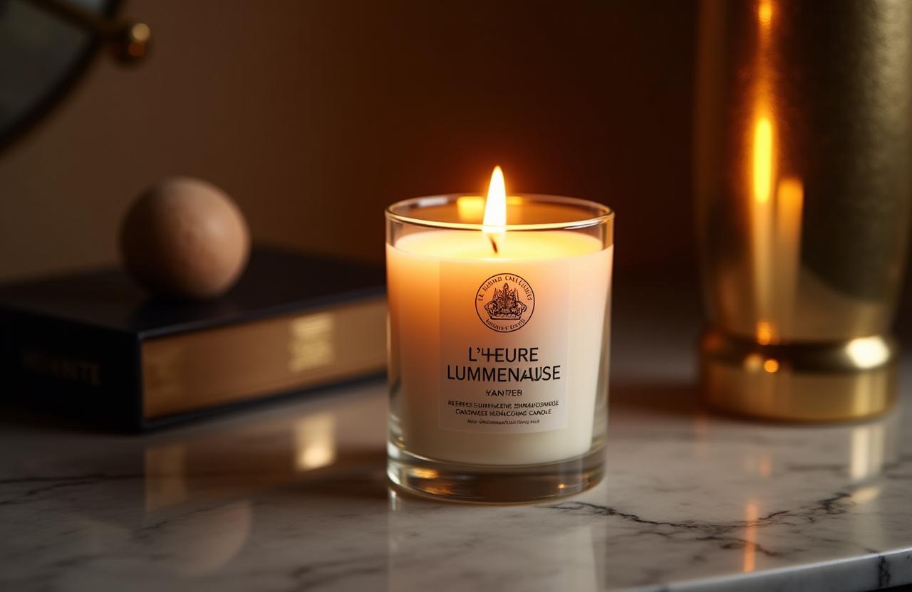 Ambiance luxueuse avec une bougie allumée L'Heure Lumineuse sur une table en marbre.