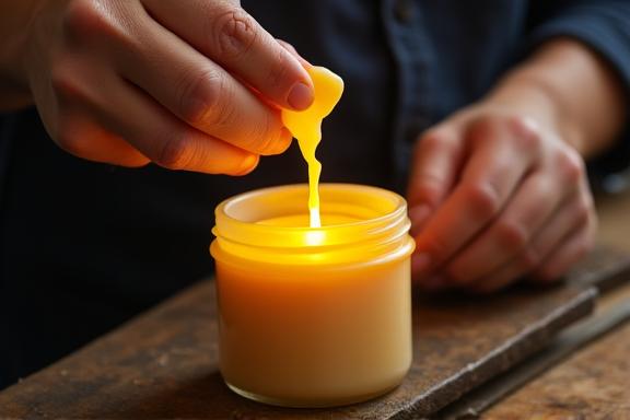Artisan versant délicatement la cire fondue dans un pot à bougie.