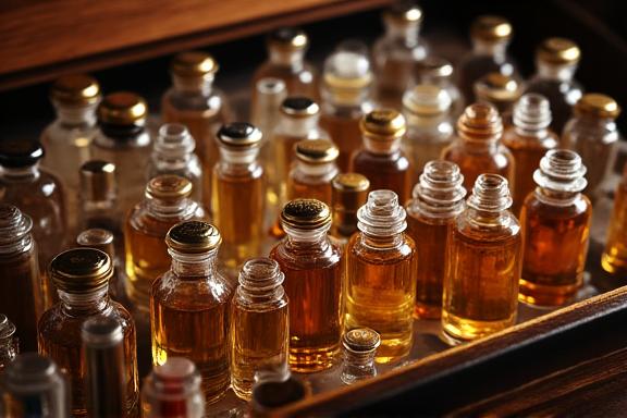 Orgue à parfums avec de nombreuses fioles d'essences.