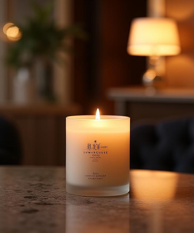 Bougie personnalisée L'Heure Lumineuse dans le hall d'un hôtel de luxe.